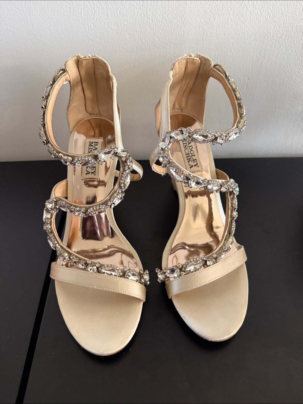 Badgley Mischka Crystal-Embellished Champagne Strappy Heels
